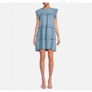 Estellina 100% Tencel Denim Eyelet Sleeveless Ruffle Shift Blue Short Dress S